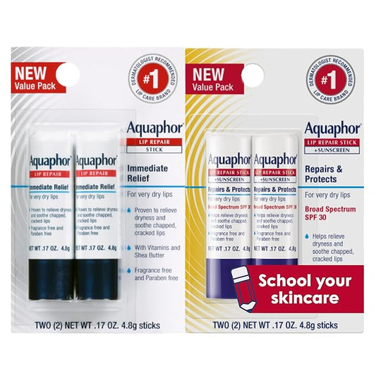 Aquaphor Lip Balm Set with Jojoba Oil and Shea Butter, Lip Repair Stick (2 x 0.17 Oz) + Repair Stick with Sunscreen SPF 30 (2 x 0.17 Oz), Fragrance Free, Paraben Free, Immediately Relieves Dryness