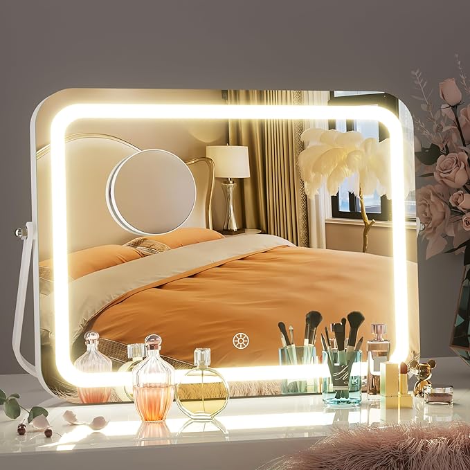 Hasipu Vanity Mirror with Lights, 14" x 10" LED Makeup Mirror, 3 Modes Light, Smart Touch Control Dimmable, 360°Rotation, Rectangle White Frame, with 5X Magnifying Glass