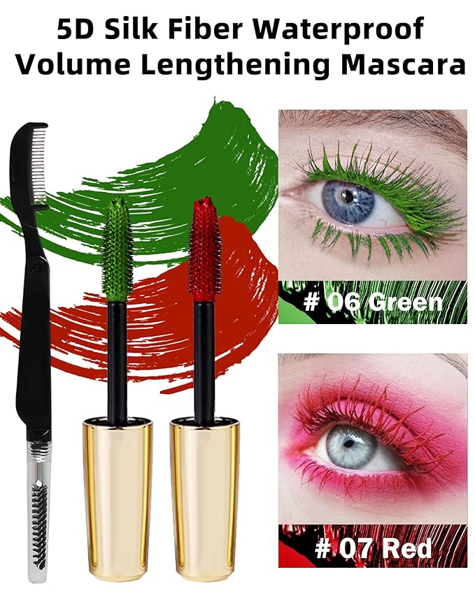 Green Red Waterproof Mascara for Eyelash, 5D Silk Fiber Lashes Extension Colored Tube Mascara with Eyelash Brush, Long Lasting Smudge-proof Volumizing Lengthening, St Patrick's Makeup Gift for Women