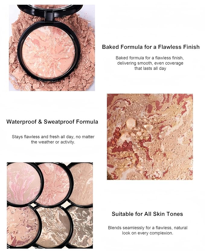MAEPEOR Baked Setting Powder Brighten Color Correcting Powder Foundation Natural Smooth Lightweight Oil-Control Pressed Foundation (04 Medium Beige)