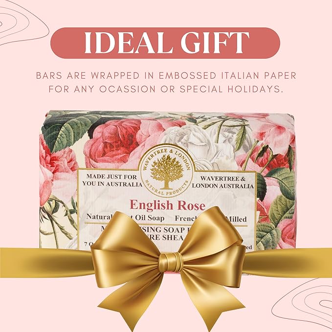 Wavertree & London English Rose Scented Natural Soap Bars for Women & Men (8 x 7oz) – Moisturizing Triple-Milled Soap Bars Enriched with Shea Butter – Plant-Based Bath & Body Bar for All Skin Types