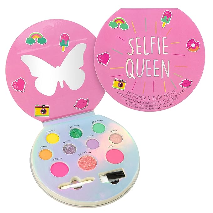 Selfie Queen Glisten & Glitter Makeup Palette 10 Color Eyeshadow Palette & Blush Makeup Novelty Beauty Set, Fold Out Compact with Mirror, Washable, Non-Toxic