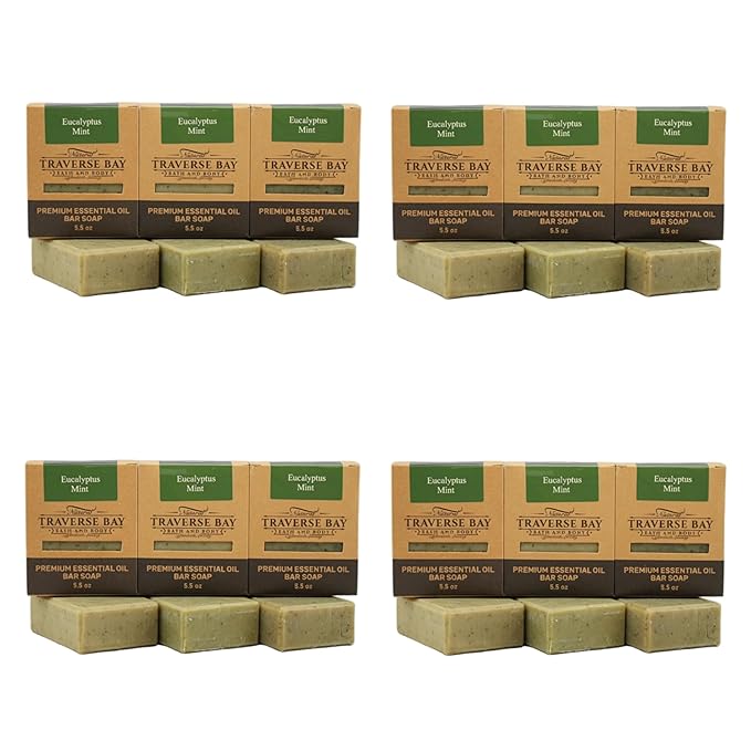 Traverse Bay Bath and Body Eucalyptus Mint Natural Cold Process Soap, Essential Oil Based, Cooling Eucalyptus and Peppermint, 12 Bars, 66+ oz