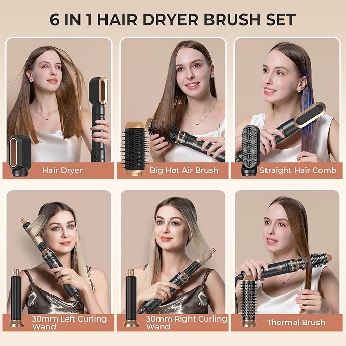 6 in ONE Blow Dryer Brush,Air Curling Iron Round Brush Blow Dryer 800W,Ionic Hair Dryer Brush for Women, Hot Air Brush Hair Styling Tools 100-120V (Black Gold)