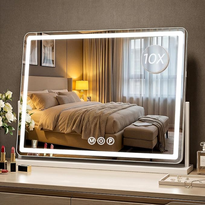 Antok Vanity Mirror with Lights, 32"X22" Lighted Makeup Mirror, Smart Touch, 3 Color Modes and Brightness Adjustable, LED Vanity Mirror with Detachable 10X Magnification, 360° Rotation for Makeup Desk
