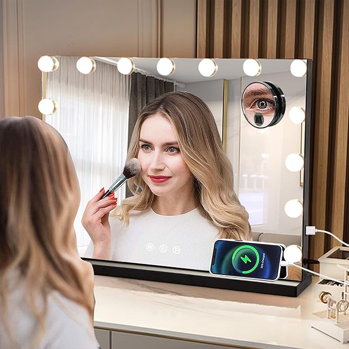 Vanity Makeup Mirror with Lights,Hollywood Vanity Mirror with 3 Color Modes,Lighted Vanity Mirror with Dimmable LED Bulbs &10X Magnification for Desk,Bedroom,Tabletop (Black, 22.8" x 18.1")
