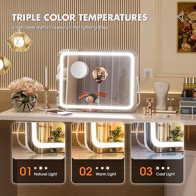 Hasipu Vanity Mirror with Lights, 20" x 16" LED Makeup Mirror, 3 Modes Light, Smart Touch Control Dimmable, 360°Rotation, Rectangle White Frame, with 5X Magnifying Glass