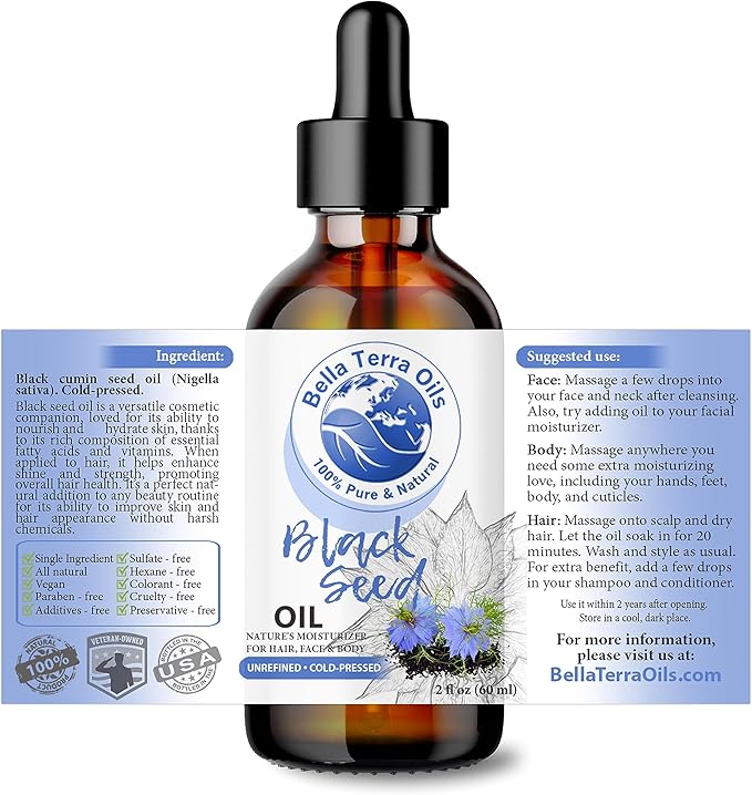 Bella Terra Oils - Black Seed Oil 2oz - Celebrating Black Cumin's Nutritional Legacy, Infused with Gamma Linoleic Acid, A Premium Cosmetic Companion