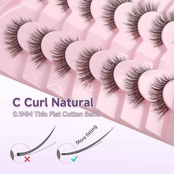 Cat Eye Lashes Natural Eyelashes 16MM False Eyelashes Wispy Thin Band Eyelashes 3D Volume False Lashes Soft Strip Lashes Pack C Curl Natural Eyelashes Fake Lashes 7 Pair EVENTILL