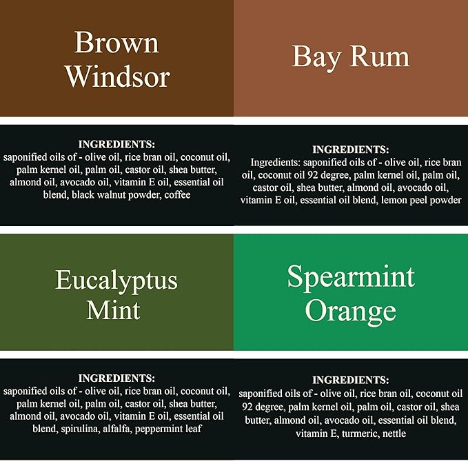 Traverse Bay Bath and Body Natural Cold Process Soap Masculine 4-Bar Variety Pack, Brown Windsor, Bay Rum, Northern Forest, Spearmint Orange, 5.5 oz Each, 22+ oz Total