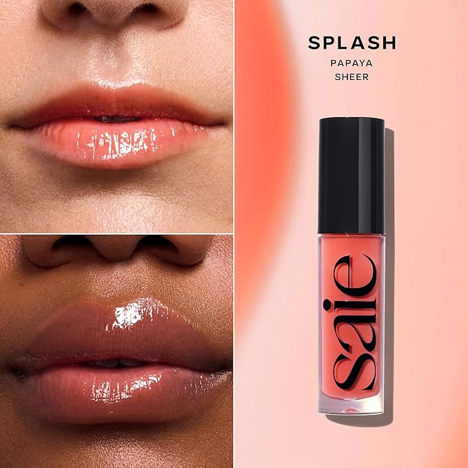 Saie Dewy Glow Duo - Dew Liquid Blush - (.40 oz, Hottie), Glossybounce Lip Gloss-Oil Hybrid (.17 oz, Splash) - Hydrating, Vegan Makeup for Radiant Cheeks & Lips