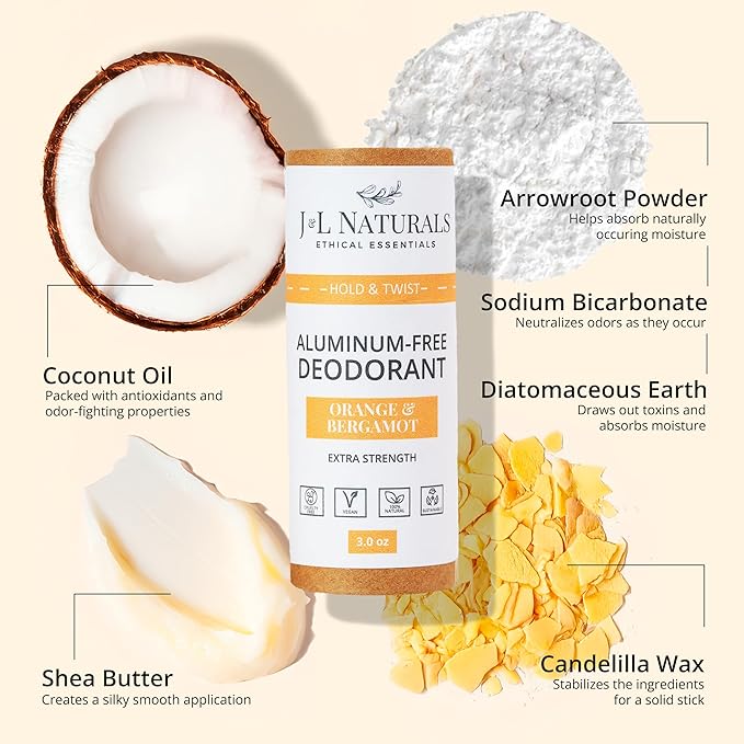 J&L Naturals Aluminum Free Deodorant for Men & Women | 100% Natural Ingredients With Coconut Oil, Shea Butter, & Essential Oils | Sustainable, Eco-Friendly (Orange & Bergamot, 3.0 Oz (Single))