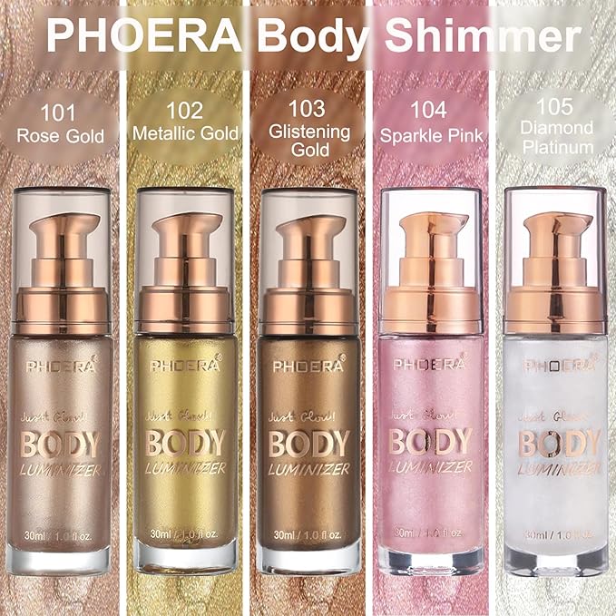 PHOERA Body Shimmer Oil,Waterproof Long Lasting Moisturizing Body Luminizer Glow, Illuminator Highlighter for Face with Makup Bursh, 1oz/Jars(2PCS 101 Rose Gold)