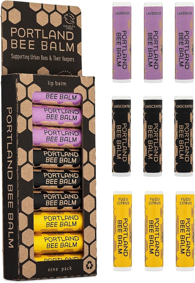 Portland Bee Balm All Natural Handmade Beeswax Based Lip Balm Unscented, Yuzu Citrus and Lavender Assortment 9 Count