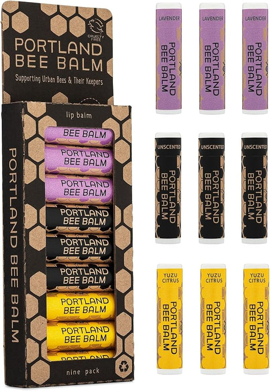 Portland Bee Balm All Natural Handmade Beeswax Based Lip Balm Unscented, Yuzu Citrus and Lavender Assortment 9 Count