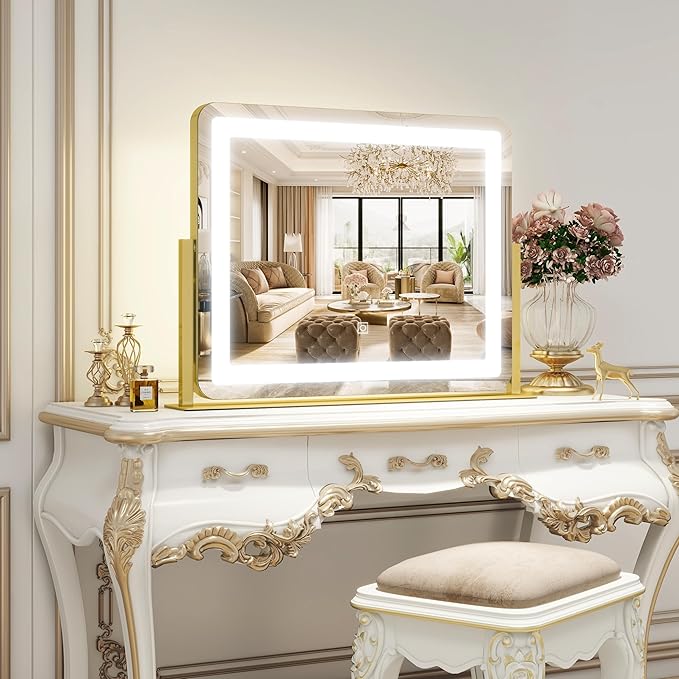 ROLOVE Gold Vanity Mirror with Lights - Smart Touch Dimming, 3-Color Lighting, 360° Rotatable Desktop Makeup Mirror for Desk, 22"x17"