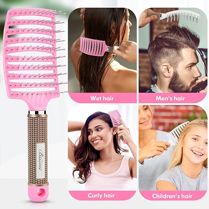 Hair Brush Set, Curved Vented Detangling Hair Brushes for Women Men Kids, Professional Vent Styling Brush for Wet Dry Curly Thick Straight Hair Fast Blow Drying Brush (Pink+ White)