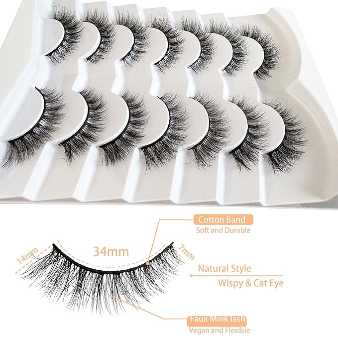 NINGLASH Wispy Lashes Strips False Eyelashes Natural Look 14mm Faux 3D Mink Lashes 7 Pairs Fluffy Cat Eye Lash Pack