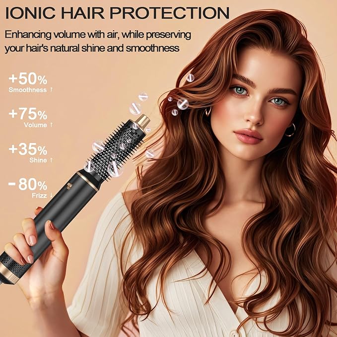 5 in 1 Hair Dryer Brush Hot Air Curling Brush Negative Ion Air Styler，Multi Function Blow Dryer Brush with Curling Wand, Straightening Brush, and Volumizing Hot Air Brush （Ash Gold）
