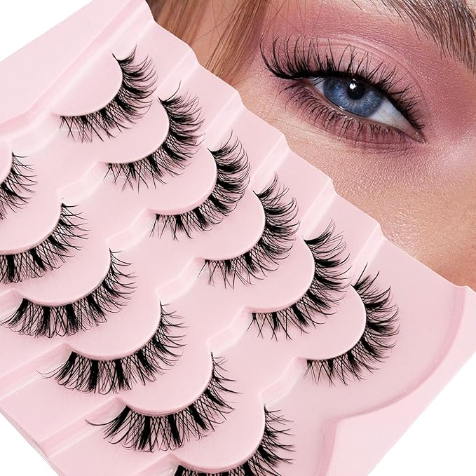 Wispy Lashes False Eyelashes Natural Look, Yasnai Cat Eye Lash Fake Lashes Volume Lashes, Natural Eyelash Strips Lashes Natural Eyelashes Clear Band 6 Pairs Pack