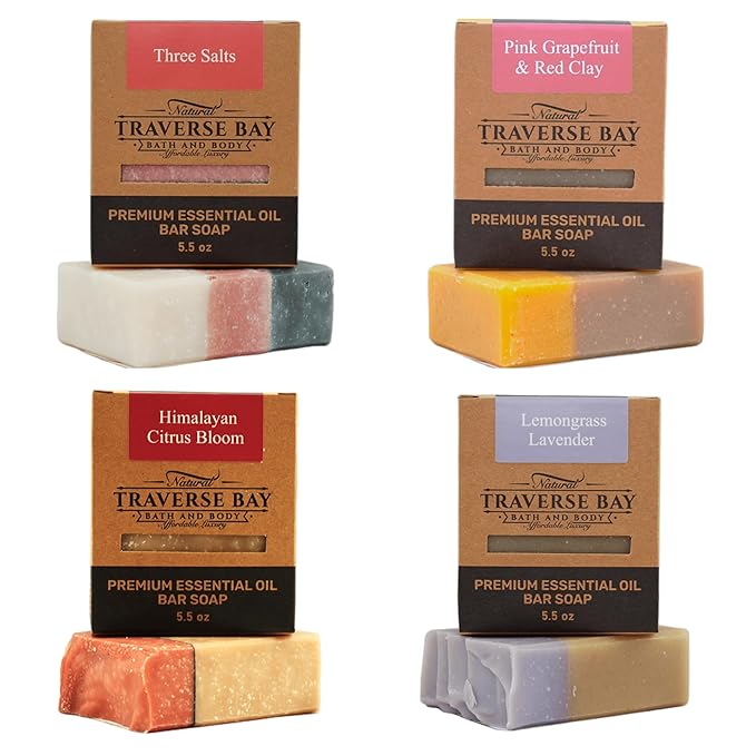 Traverse Bay Bath and Body Natural Cold Process Soap Citrus & Salt 4-Bar Variety Pack, Three Salts, Pink Grapefruit & Red Clay, Himilayan Citrus Bloom, Lemongrass Lavender, 5.5 oz Each, 22+ oz Total