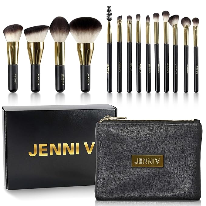 JENNI V Premium Travel Makeup Brushes Set - 14 Pc Mini Makeup Brushes with Handmade Leather Case - Portable Travel Makeup Brush Set with Holder - Travel Size Makeup Products for Blush, Foundation