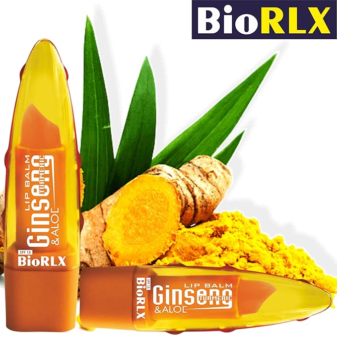 BioRLX 99% Purity Aloe Vera Lip Balm - Natural Moisturizing Unisex Lip Care for Hydrated and Radiant Lips (Ginseng & Turmeric, 0.12 Ounce (Pack of 2))