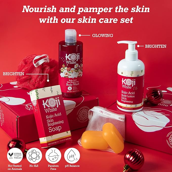 Koji White Gift Set for Women Bath Set - Kojic Acid Soap, Body Wash and Body Lotion for Glowing Skin, Moisturizer, Nourishing, Even Skin Tone, Vegan Skincare Gift Set (3 Pcs)
