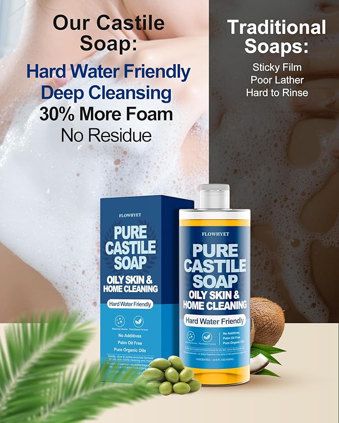 Pure Castile Soap Liquid Unscented 33.8 fl oz, Organic Body Wash，Bath Soap Castile Liquid, Hard Water Friendly for Sensitive & Oily Skin for Body，Face, Hand, Multi-Purpose Home Cleaner 1L