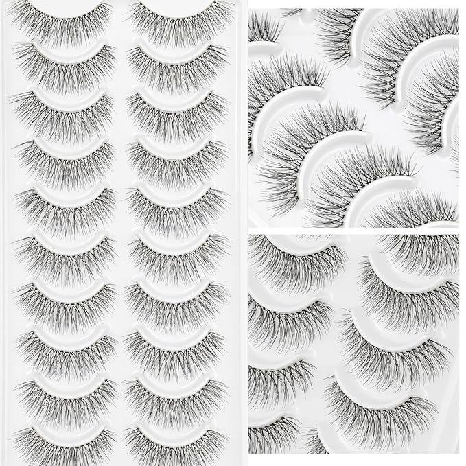 False Eyelashes Natural Lashes Wispy - 12mm Pestañas Postizas Naturales Cat Eye Reusable 10 Pairs Demi Wispies Short Fake Lashes Strips with 0.1mm Ultra Thin Clear Band by EMEDA (X42)