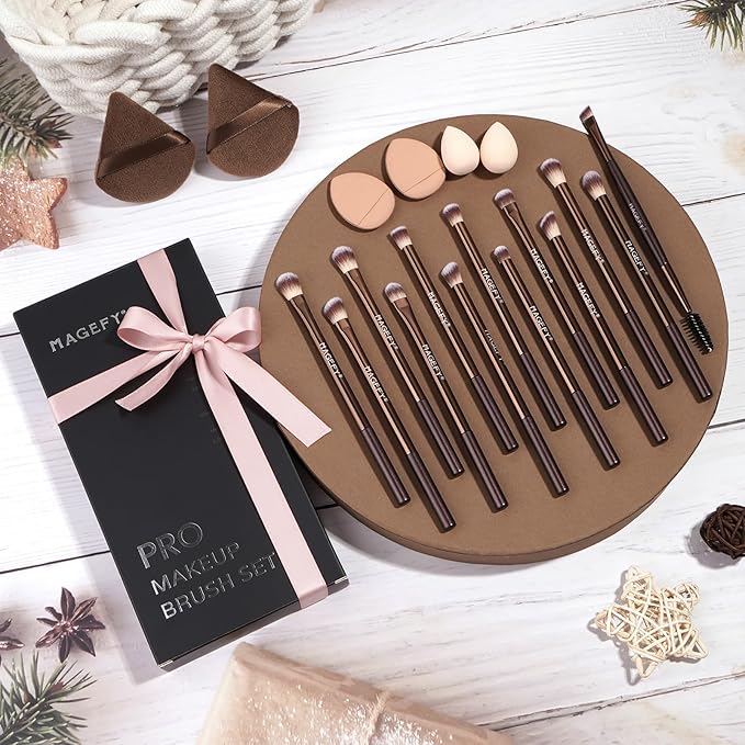 MAGEFY 20 Pcs Makeup Tool Set,13 Eye Makeup Brushes Professional Eyeshadow Makeup Brushes Set for Eyeshadow, Eyebrow, Eyeliner, Blending Concealer-Coffee Brown