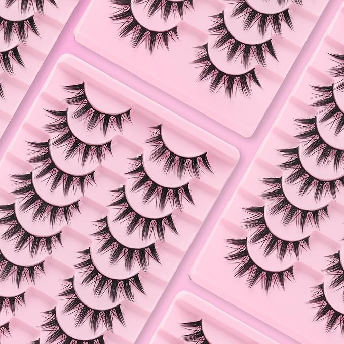 Ahrikiss Lashes Spiky Manga Lashes Anime False Eyelashes 8 Pairs Faux Mink Lashes Cosplay Thick Fake Eyelashes Soft Strip Lashes 8-16mm Wispy Fake Lashes Natural Look (Fairy)