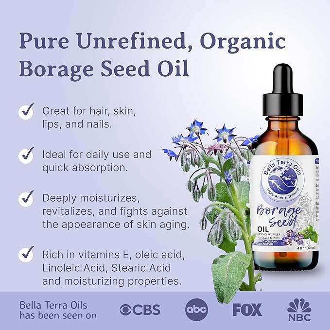 Bella Terra Oils - Organic Borage Seed Oil 4oz - Full of GLA, Embrace the Essence of Pure Organic Borage, Rich in Vitamins A & C, A Natural Boost for Skin's Vitality