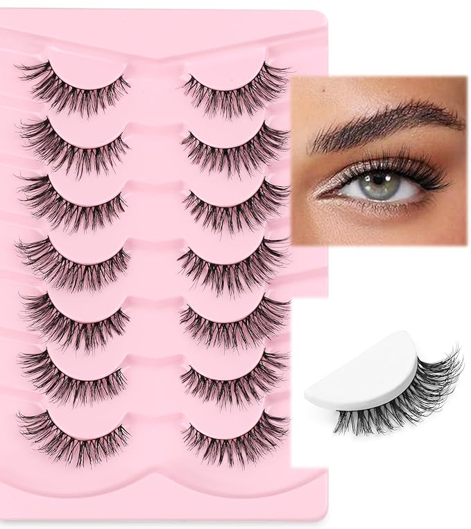 Natural Wispy Cat Eye False Eyelashes 14mm With Thin Memory Band - Soft Strip Lashes Pack C Curl Volume Fake Lashes 7 Pair