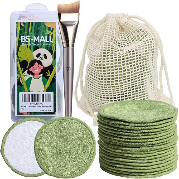 BS-MALL Cotton Rounds Bamboo Fiber for Face & Gentle Reusable Eye Makeup Remover Pads 20 Pcs, Facial Mask Brush & Foundation Brush- Travel-Friendly Skincare Set with Storage Box & Washable Bag