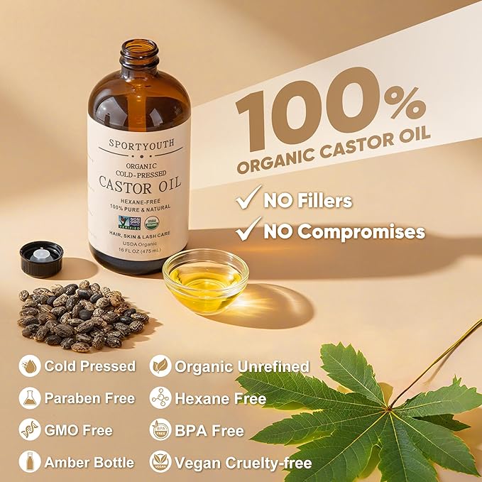 SPORTYOUTH Castor Oil Organic - Cold Pressed, Hexane Free, 100% Pure, USDA Certified, Unrefined Glass Bottle 16oz Non-GMO Carrier Oil for Face, Skin, Hair Growth, Castor Oil Pack, Eyelashes, Brows