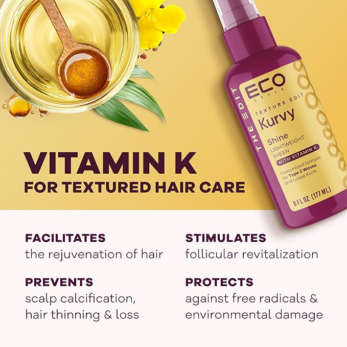 Eco Style, Texture Edit, Kurvy Shine Lightweight Sheen for Type 2a to 2c wavy hair - Finish off any style by adding rich nutrients for a perfectly glorious glow with frizz control. 6 oz.