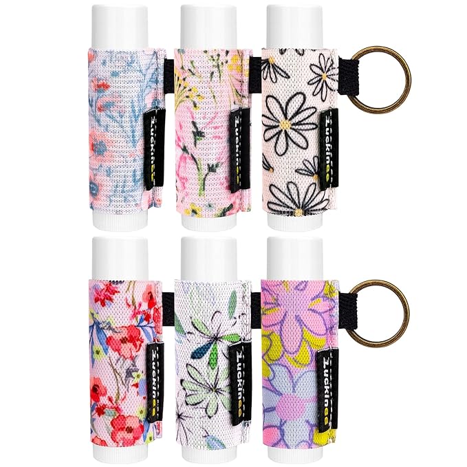 6PCS Lip Balm Holder Keychain Print Chapstick Holder Key chain Lipstick Holder Lip Gloss Sleeve -Tight Elastic Holder Sleeve for Fat and Slim Lip Balms