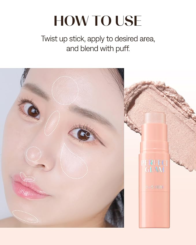 THESAEM Perfect Glam Stick Blusher with Blending Sponge WH01 Aurora Wave - Luxurious Soft Melting Balm Highlighter with Shea Butter and Ceramide NP, Natural Radiance Glow Makeup, 0.2oz.
