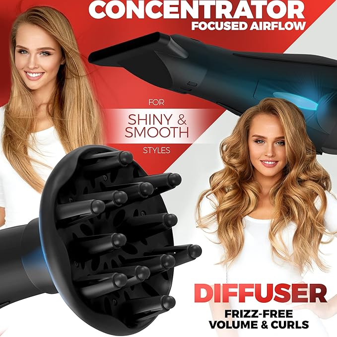 Professional 2200W Diffuser Hair Dryer for Curly and Natural Wavy Hair, Low Noise Negative Ionic Blow Dryer with Diffuser, The New Upgraded Motor & Ceramic Technology for Fast Drying by BELLFORNO