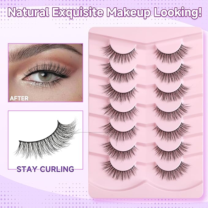 Cat Eye Lashes Natural Eyelashes 16MM False Eyelashes Wispy Thin Band Eyelashes 3D Volume False Lashes Soft Strip Lashes Pack C Curl Natural Eyelashes Fake Lashes 7 Pair EVENTILL