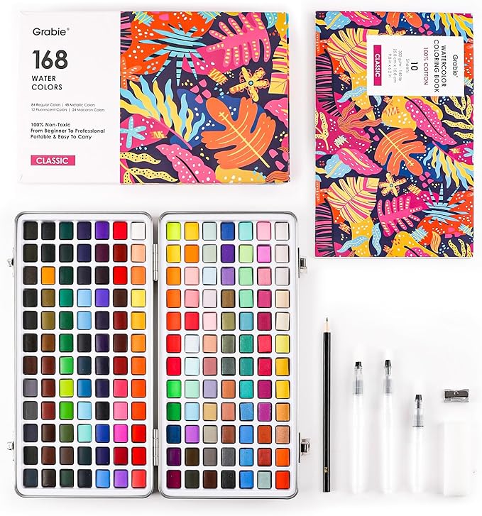 Grabie Watercolor Paint Set, Watercolor Paints, 168 Colors, Painting Set of Coloring Book, Water Brushes and Drawing Pencil, Art Supplies, Perfect Starter Kit for Watercolor Painting