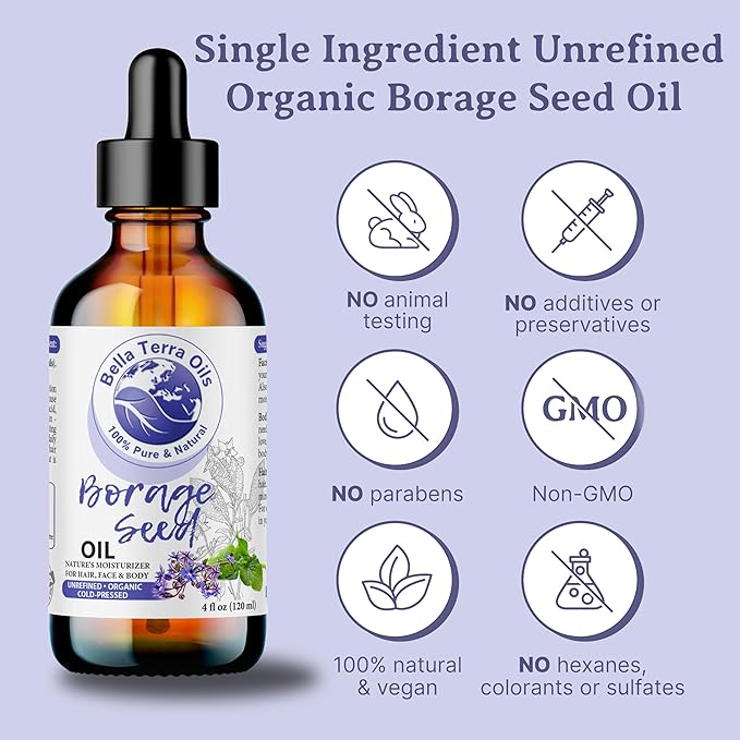 Bella Terra Oils - Organic Borage Seed Oil 4oz - Full of GLA, Embrace the Essence of Pure Organic Borage, Rich in Vitamins A & C, A Natural Boost for Skin's Vitality