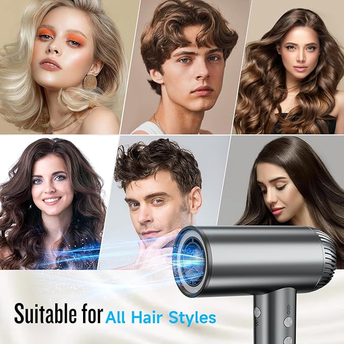 2025 Updated Hair Dryer, 200000 RPM High Speed Blow Dryer with Diffuser for Women, 1000 Million Ionic Hair Dryer with Brushless Motor, Low Noise Hair Blow Dryer for Curly Hair Dog Salon Travel, Gray