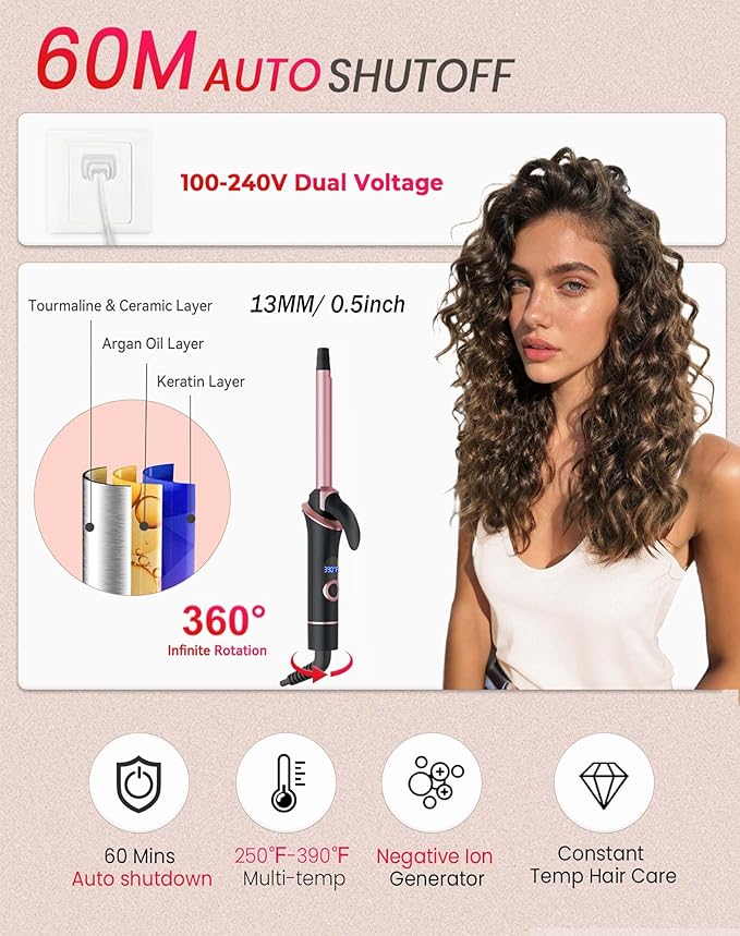 Mini Curling Iron for Short Hair Dual Voltage with European UK Plug Adapter Ceramic Travel Small Curling Iron 1/2 Inch Barrel Curler with Professional 30S Fast Heating, 5 Temps for Global Travel