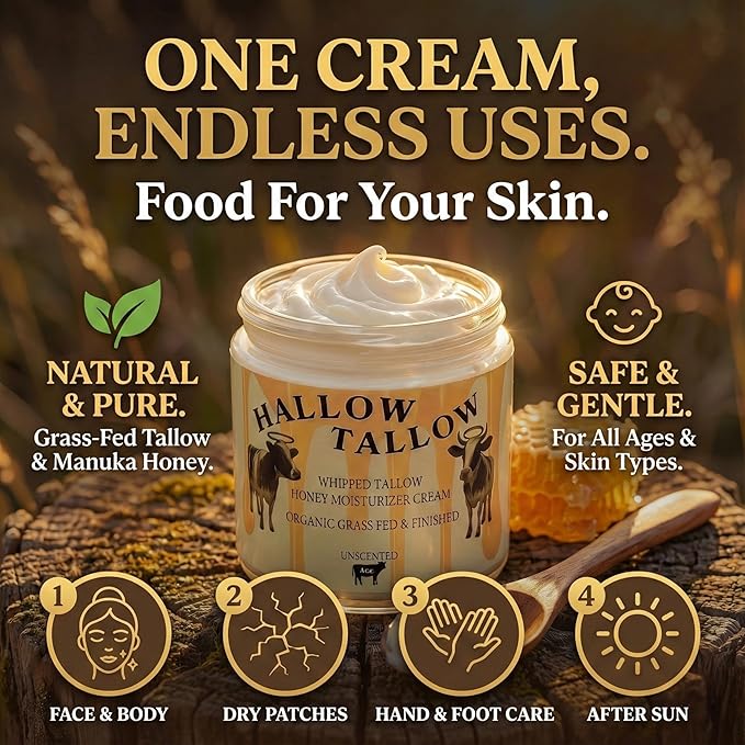 Hallow Tallow Whipped Beef Tallow Moisturizer – 100% Grass-Fed & Finished Tallow Balm with Manuka Honey, Jojoba & Olive Oil, Calendula Extract – Natural Hydrating Face & Body Cream, 4oz