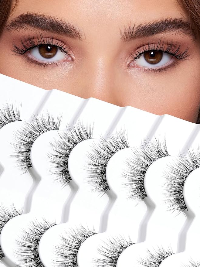 Wispy Cat Eye Lashes False Eyelashes Natural 15MM Strip Eyelashes Thin Band False Lashes 3D Volume Fake Lashes 7 Pair Soft Lash Pack Siligli