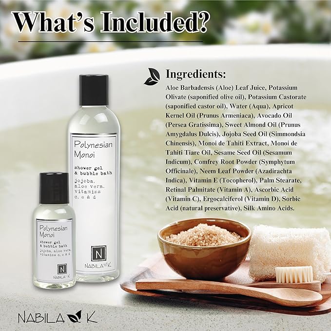 Nabila K Polynesian Monoi Shower Gel & Bubble Bath, 9 oz – Non-Drying Body Wash with Jojoba, Aloe Vera & Vitamins – Naturally-Derived, Sulfate-Free – Made in USA – For Men & Women