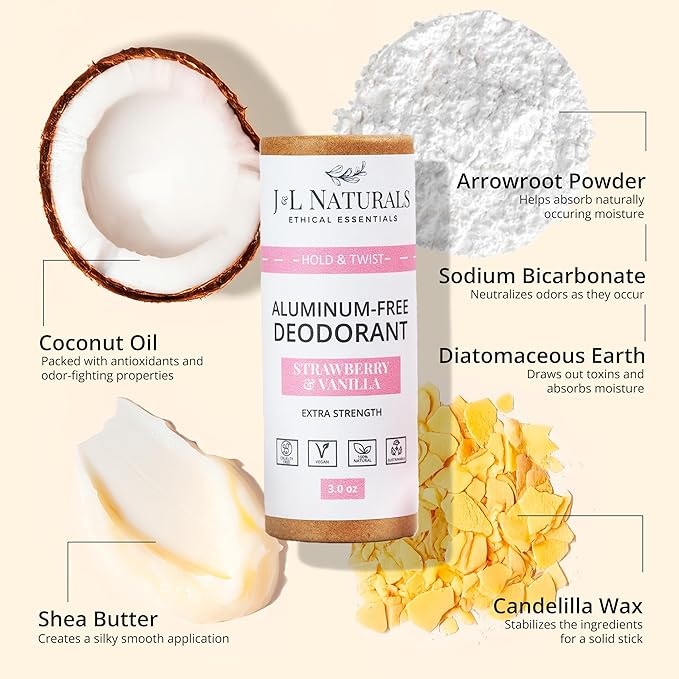 J&L Naturals Aluminum Free Deodorant for Men & Women | 100% Natural Ingredients With Coconut Oil, Shea Butter, & Essential Oils | Sustainable, Eco-Friendly (Strawberry & Vanilla, 3.0 Oz (Pack of 4))