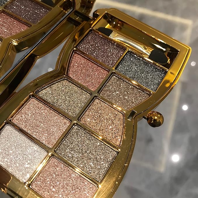 Glitter Eyeshadow Palette Makeup Set,10 Colors Shimmer Eyeshadow Palette Gold Eyeshadow Highly Pigmented Long Lasting Waterproof Sweatproof Professional Nude Eyeshadow